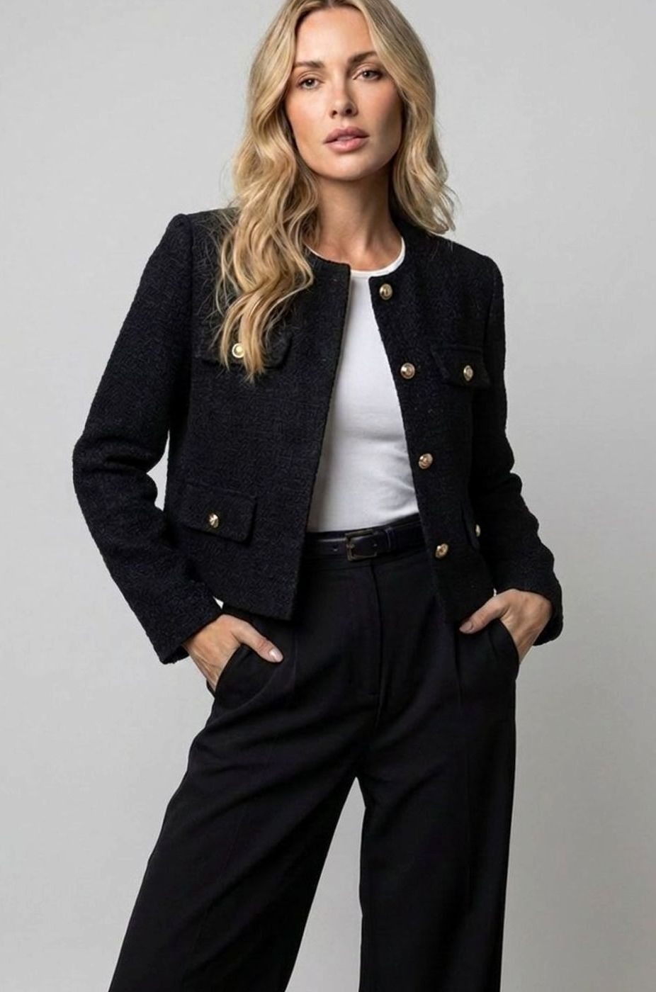 Women's Collarless Cropped Tweed Blazer Gold Button Flap Pocket - Black