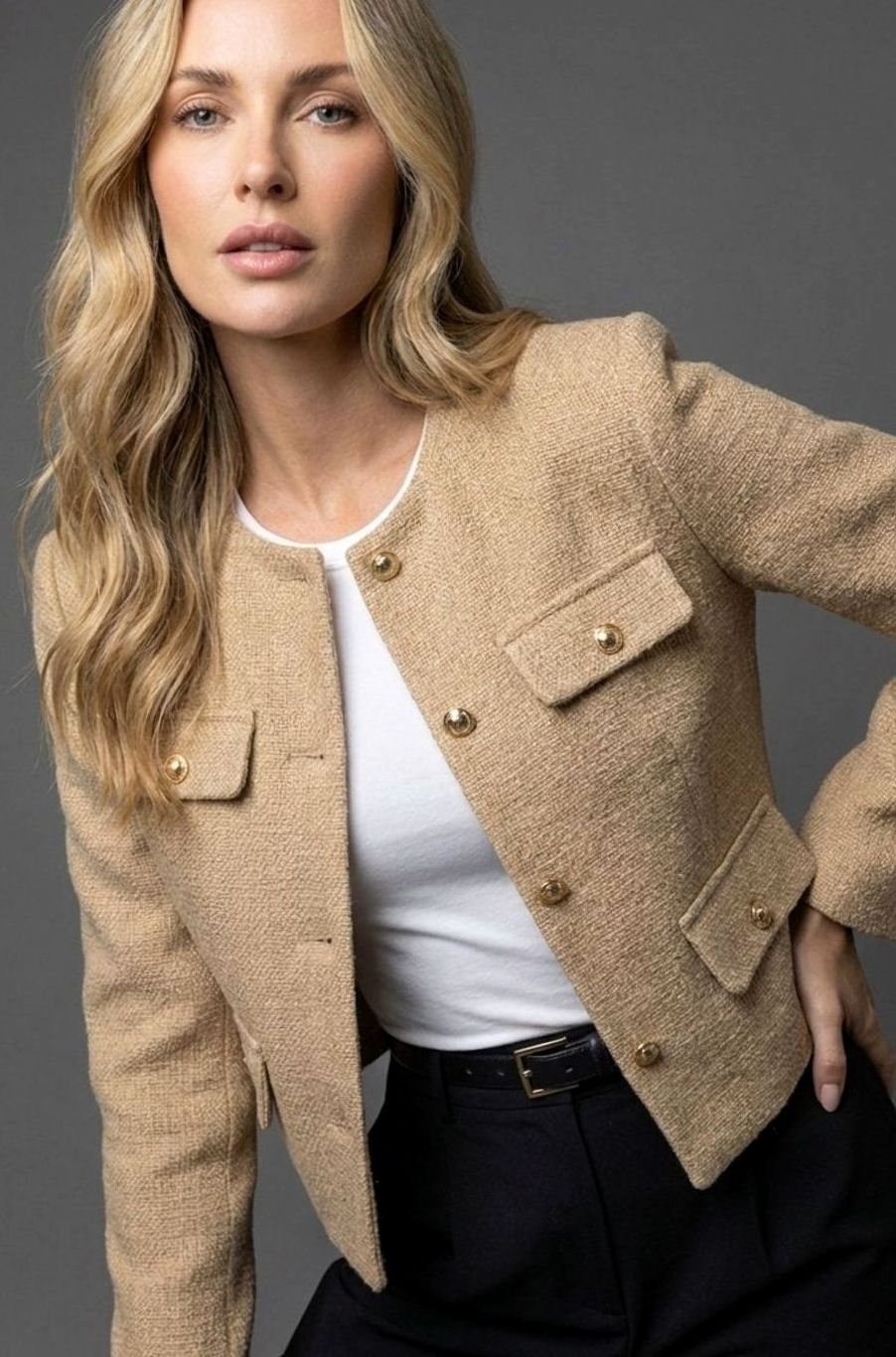 Women's Collarless Cropped Tweed Blazer Gold Button Flap Pocket - Khaki