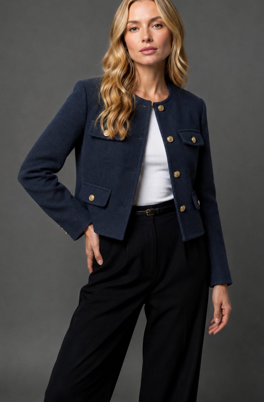 Women's Collarless Cropped Tweed Blazer Gold Button Flap Pocket - Navy Blue