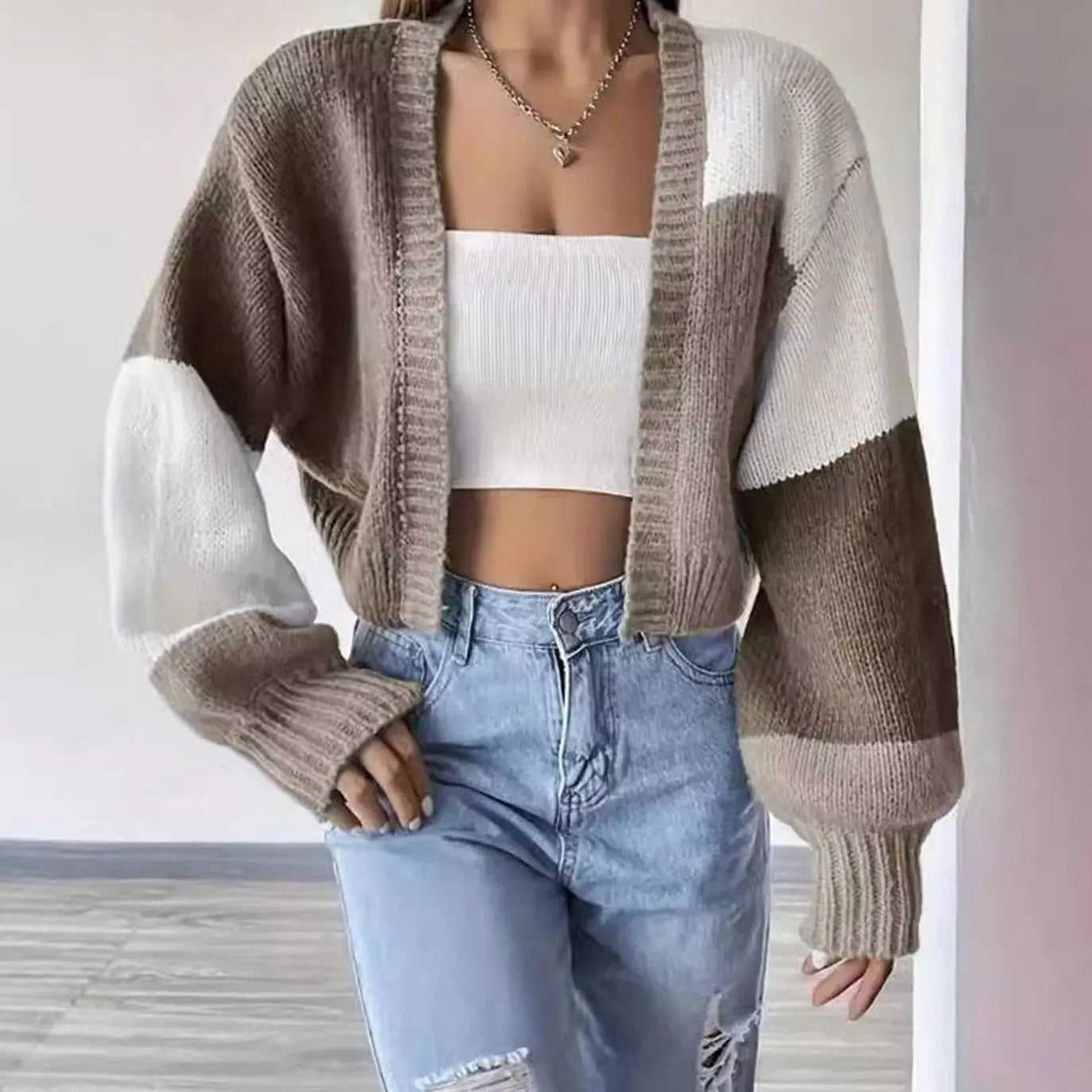 Women's Color Block Cropped Knit Cardigan Balloon Sleeve Open Front - Khaki