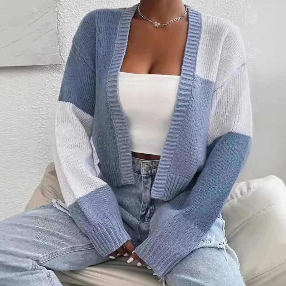 Women's Color Block Cropped Knit Cardigan Balloon Sleeve Open Front - Sky Blue