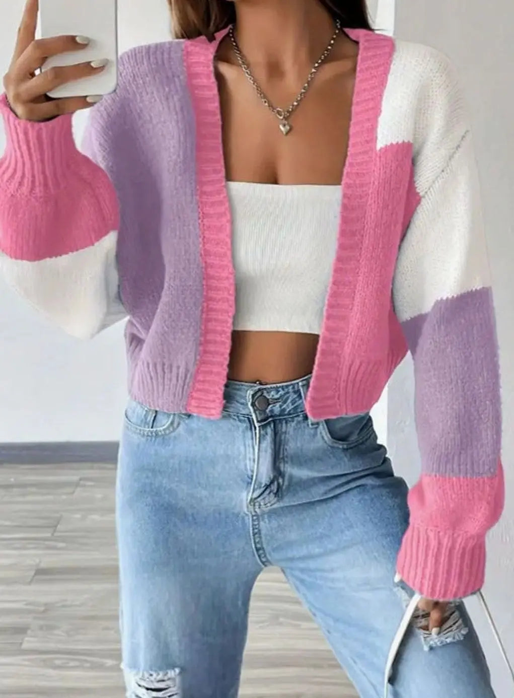 Women's Color Block Cropped Knit Cardigan Balloon Sleeve Open Front - Pink