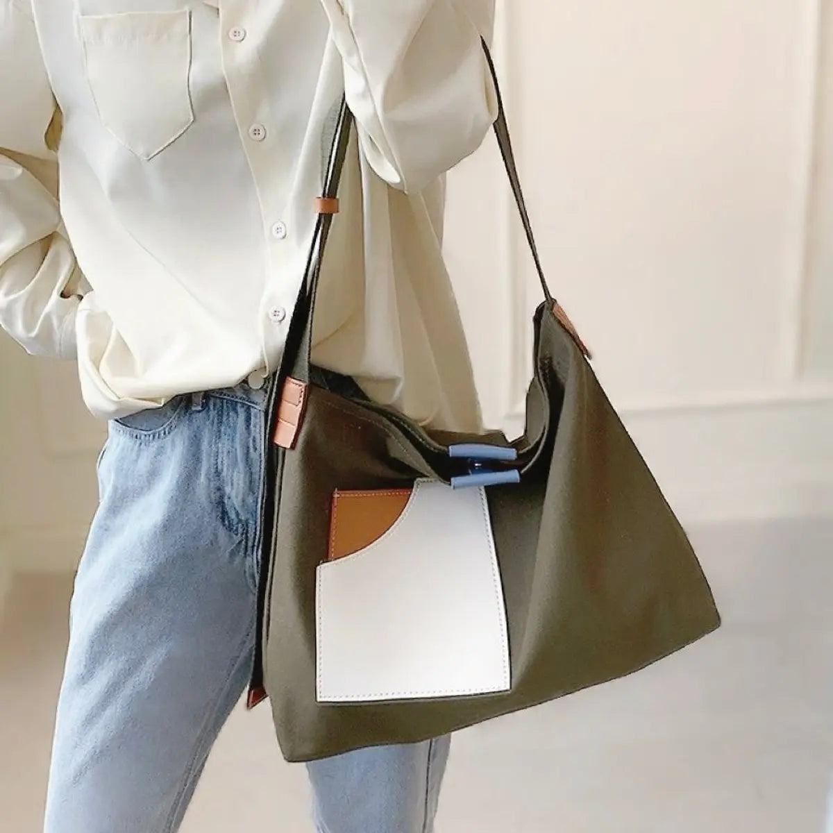 Women's Colour Block Canvas Tote Bag PU Leather Pocket Shoulder Bag - Green