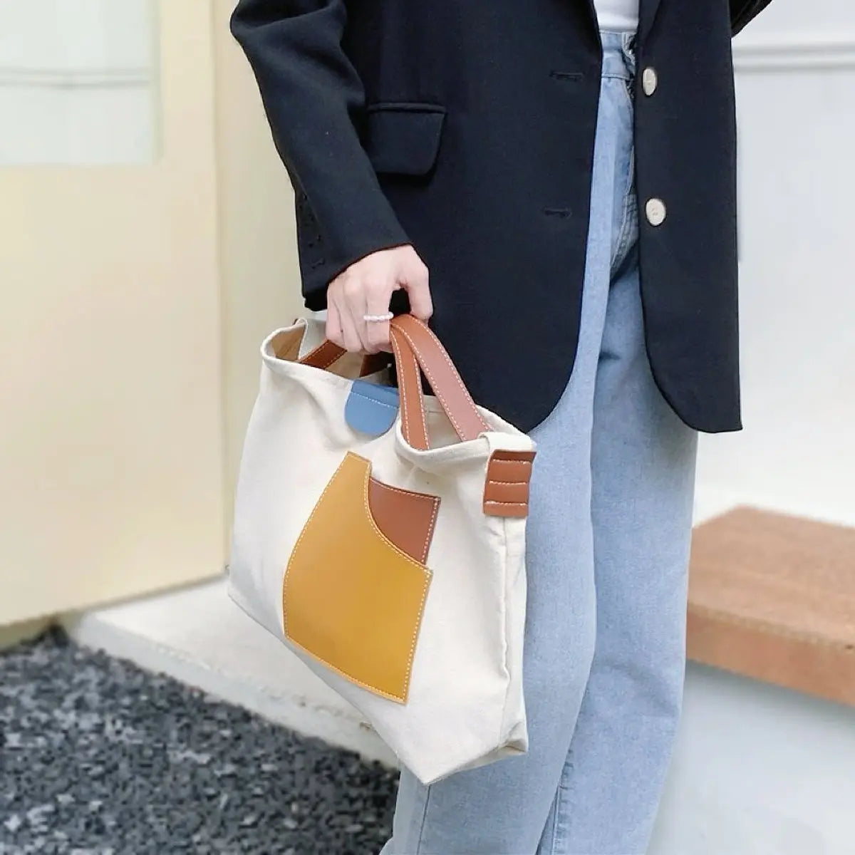 Women's Colour Block Canvas Tote Bag PU Leather Pocket Shoulder Bag - White
