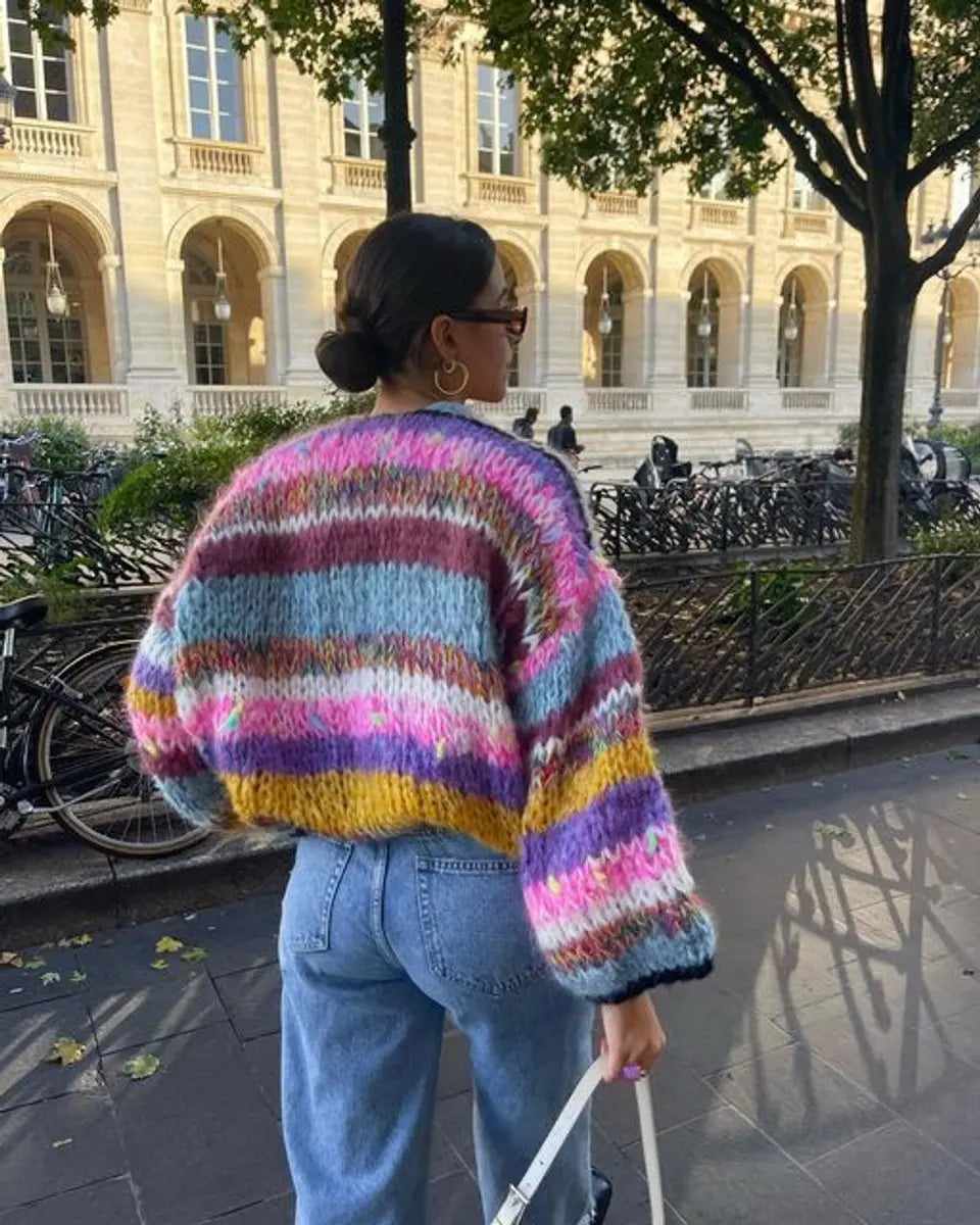 Women's Colour Block Cropped Knit Womens Cardigan Patchwork - Purple