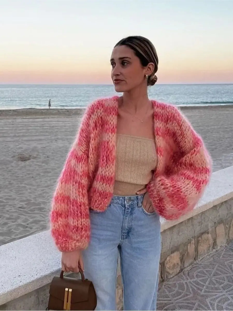 Women's Colour Block Cropped Knit Womens Cardigan Patchwork - Pink