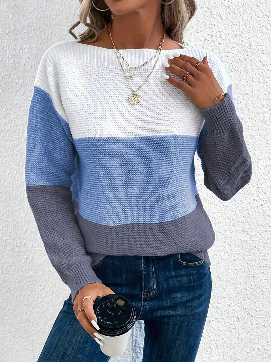 Women's Colour Block Relaxed Fit Long Sleeve Knit Sweater Jumper - Blue