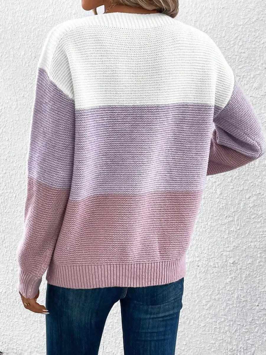 Women's Colour Block Relaxed Fit Long Sleeve Knit Sweater Jumper
