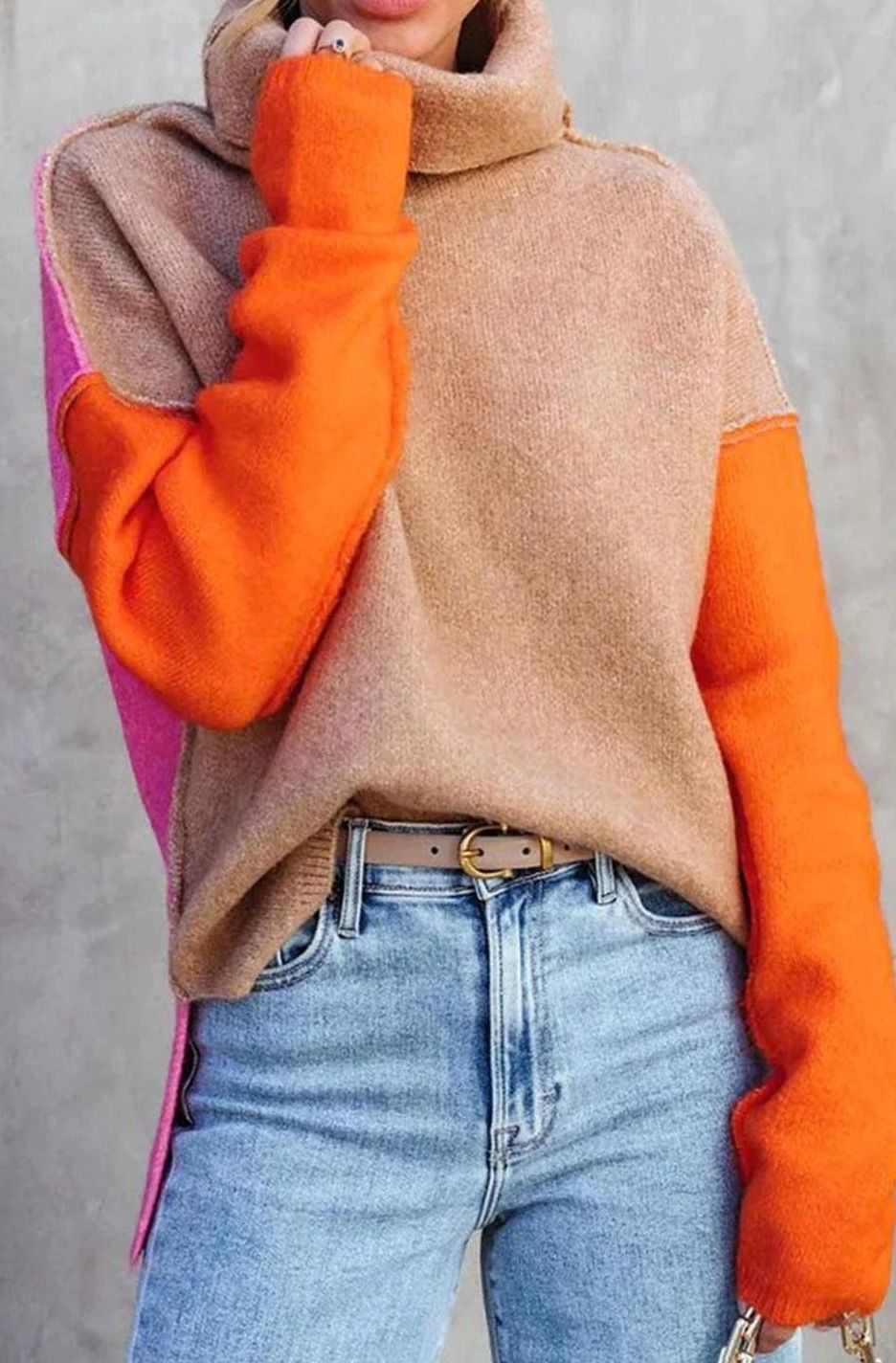 Women's Colour Block Turtleneck Relaxed-Fit Knit Jumper