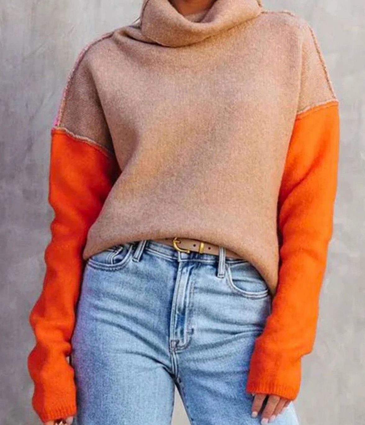 Women's Colour Block Turtleneck Relaxed-Fit Knit Jumper