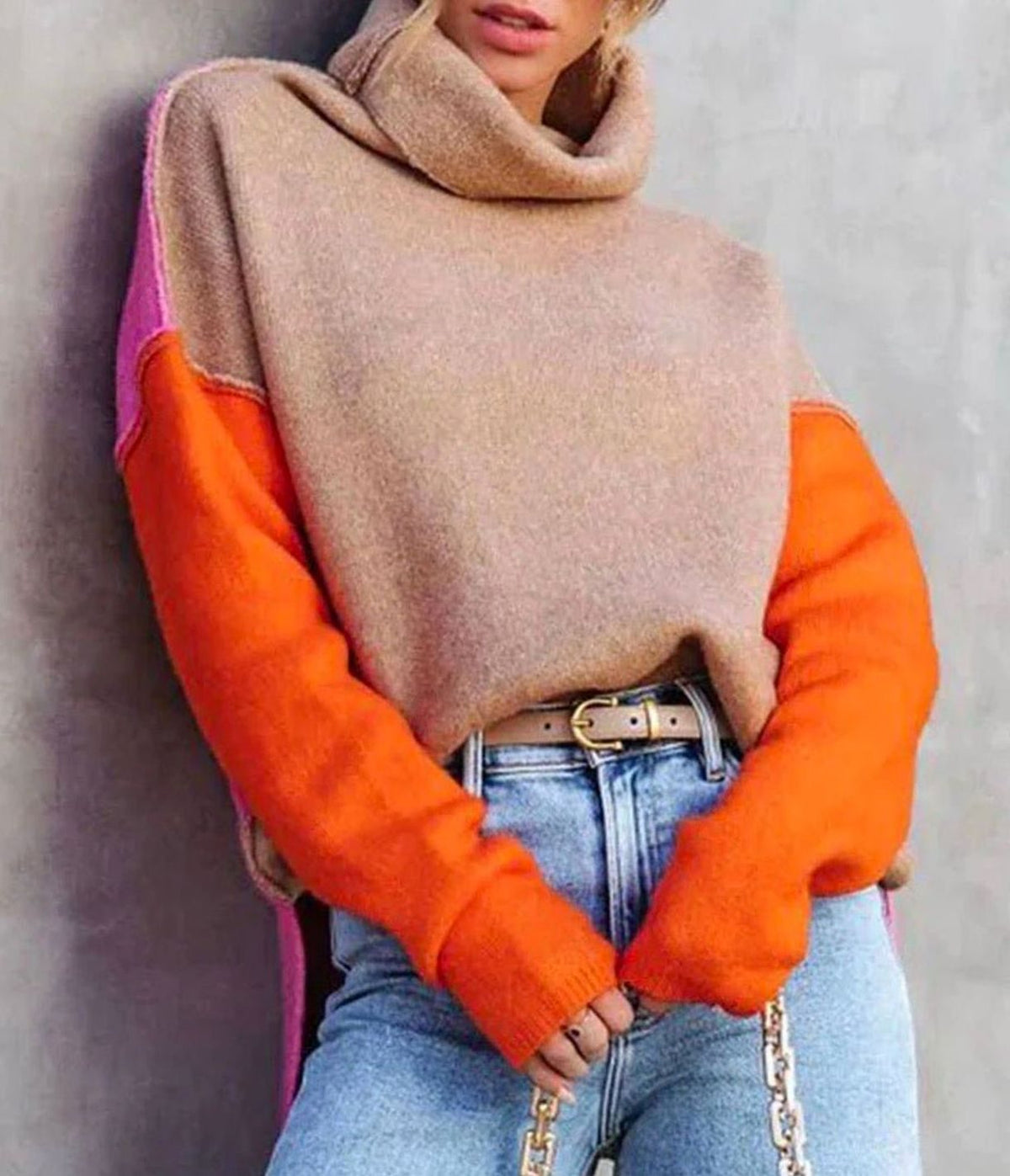 Women's Colour Block Turtleneck Relaxed-Fit Knit Jumper