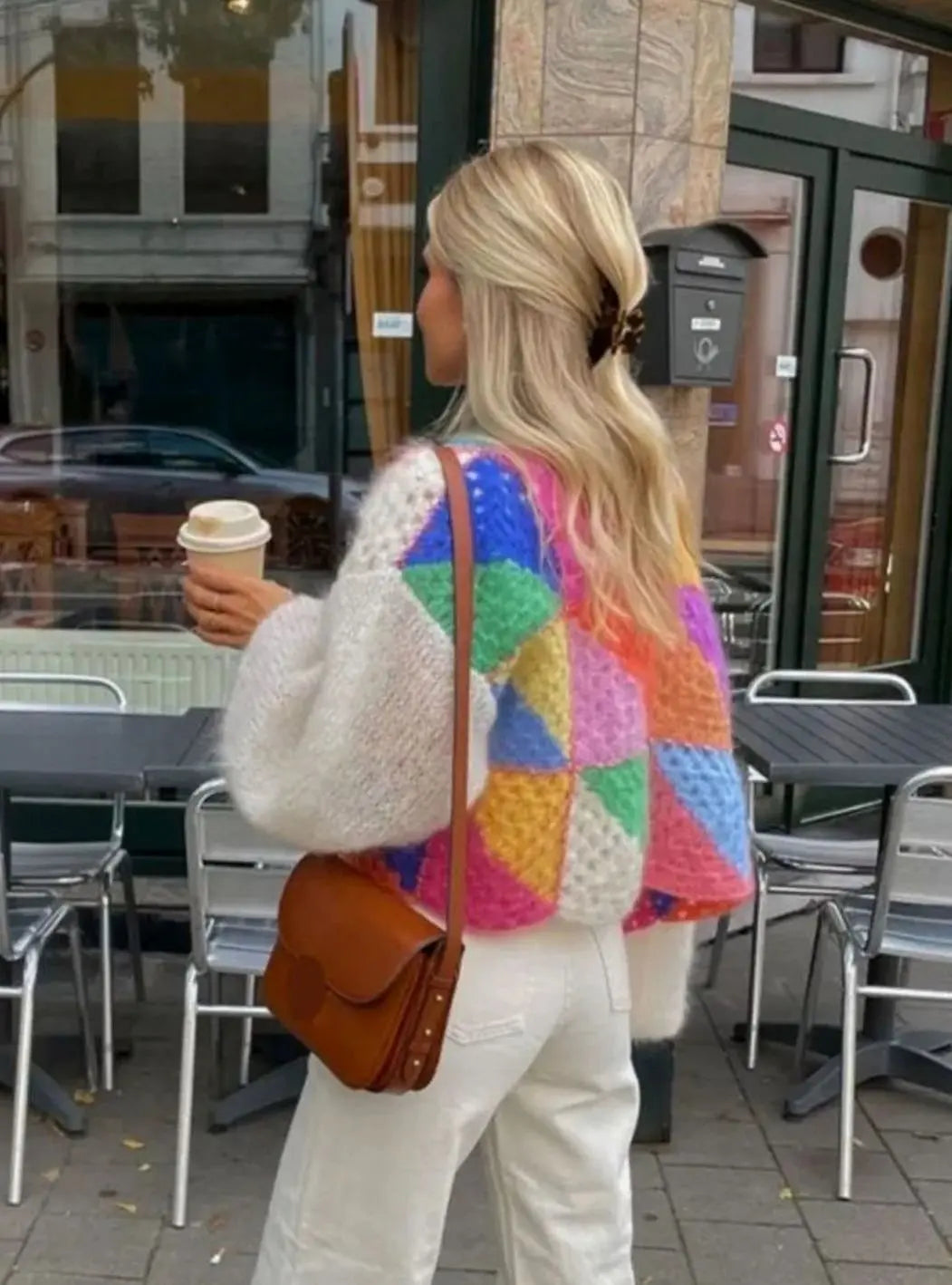 Women's Colourblock Cropped Knit Jumper Fluffy Patchwork