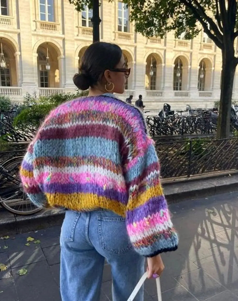 Women's Colourblock Cropped Knit Jumper Fluffy Patchwork - Purple