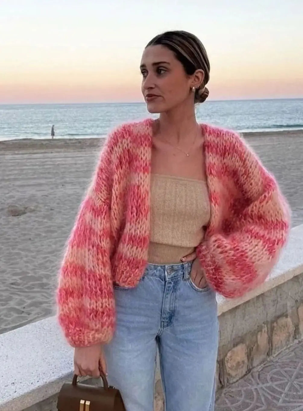 Women's Colourblock Cropped Knit Jumper Fluffy Patchwork - Pink