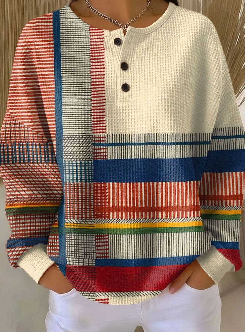 Women's Colourblock Waffle-Knit Henley Jumper