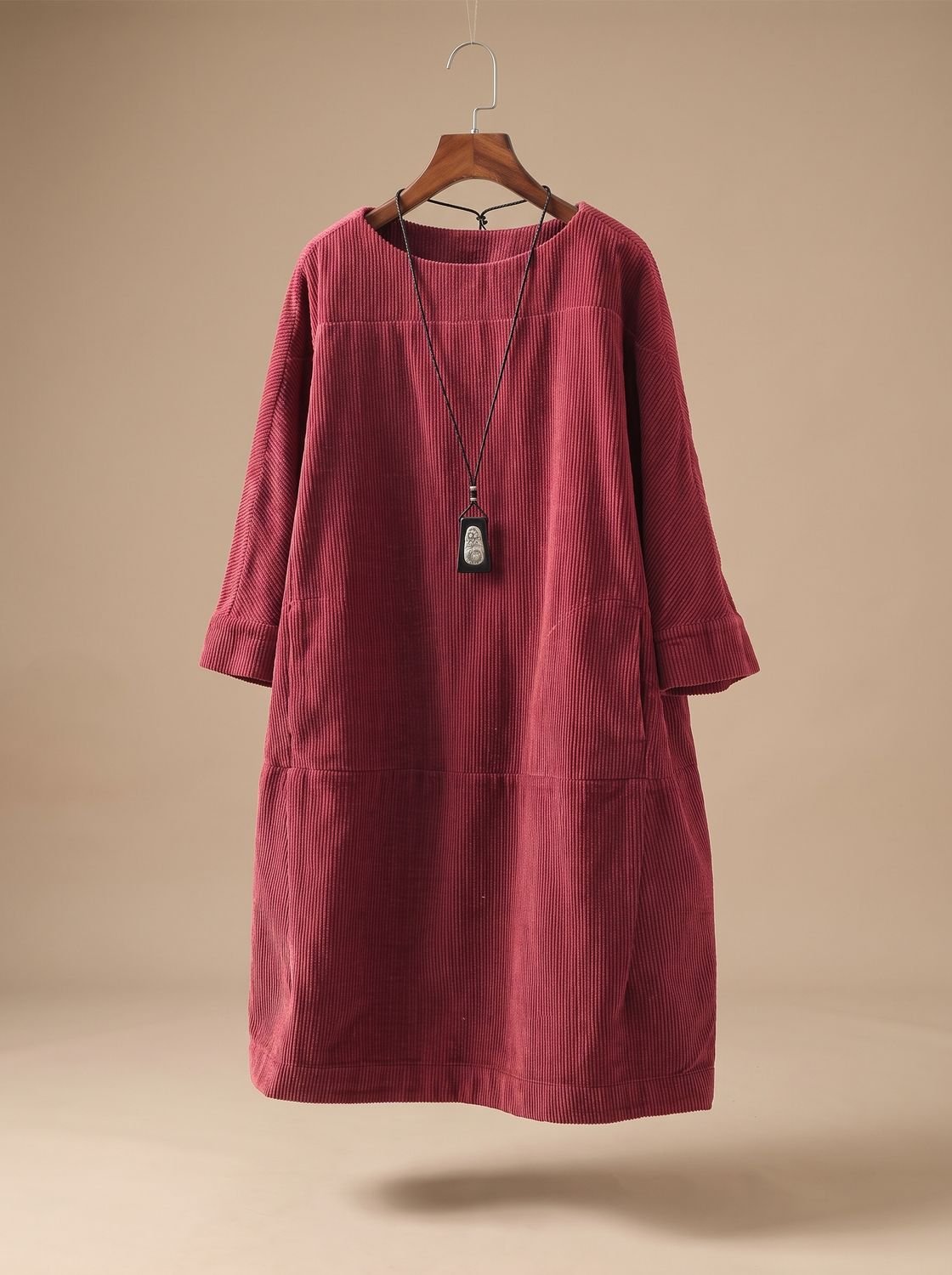 Women's Corduroy A-Line Midi Dress Round Neck 3/4 Sleeve - Red