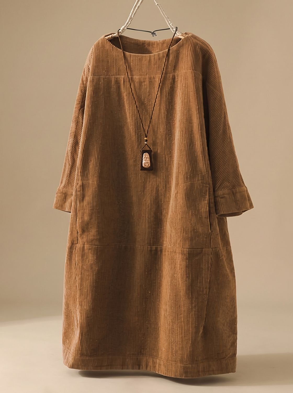 Women's Corduroy A-Line Midi Dress Round Neck 3/4 Sleeve - Yellow