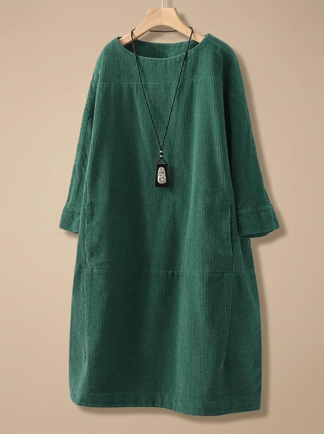 Women's Corduroy A-Line Midi Dress Round Neck 3/4 Sleeve - Green