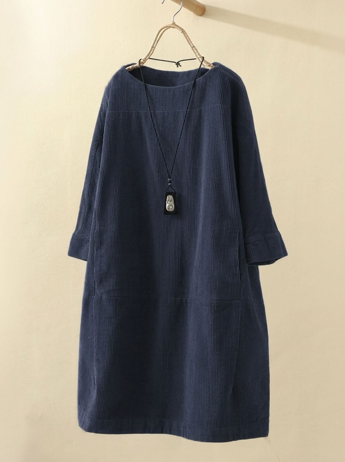 Women's Corduroy A-Line Midi Dress Round Neck 3/4 Sleeve - Dark Blue