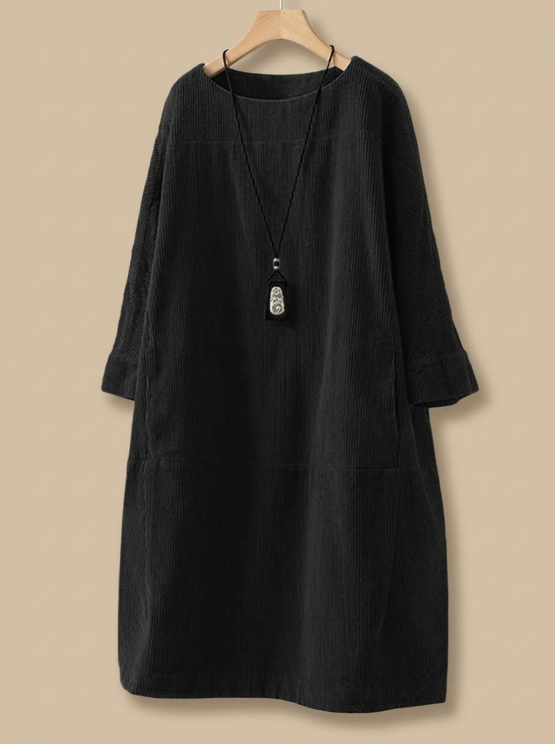 Women's Corduroy A-Line Midi Dress Round Neck 3/4 Sleeve - Black