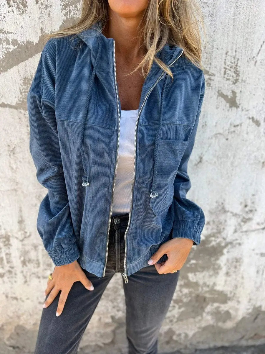 Women's Corduroy Hooded Zip-Up Quilted Jacket Women Oversized Fit - Blue