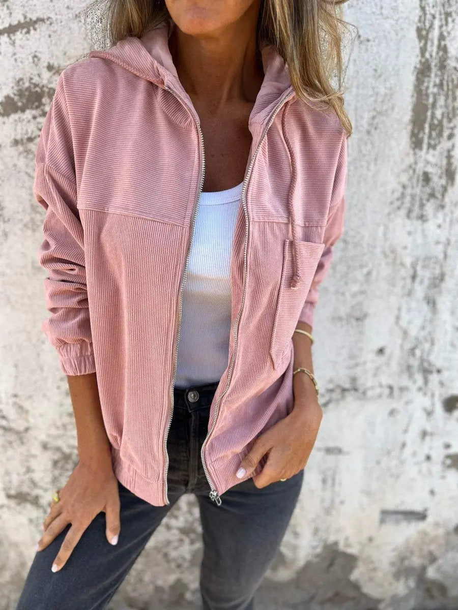 Women's Corduroy Hooded Zip-Up Quilted Jacket Women Oversized Fit - Pink