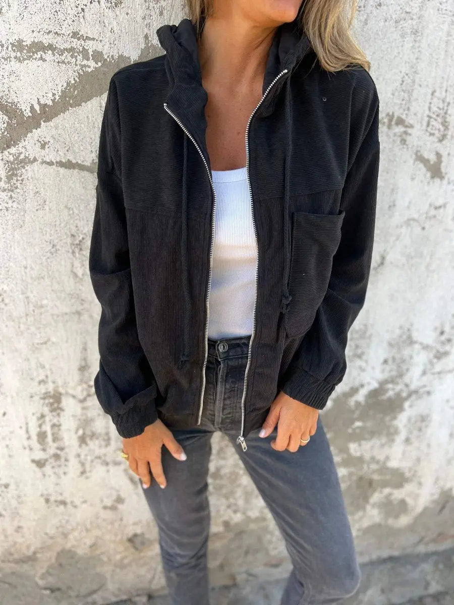 Women's Corduroy Hooded Zip-Up Quilted Jacket Women Oversized Fit - Black