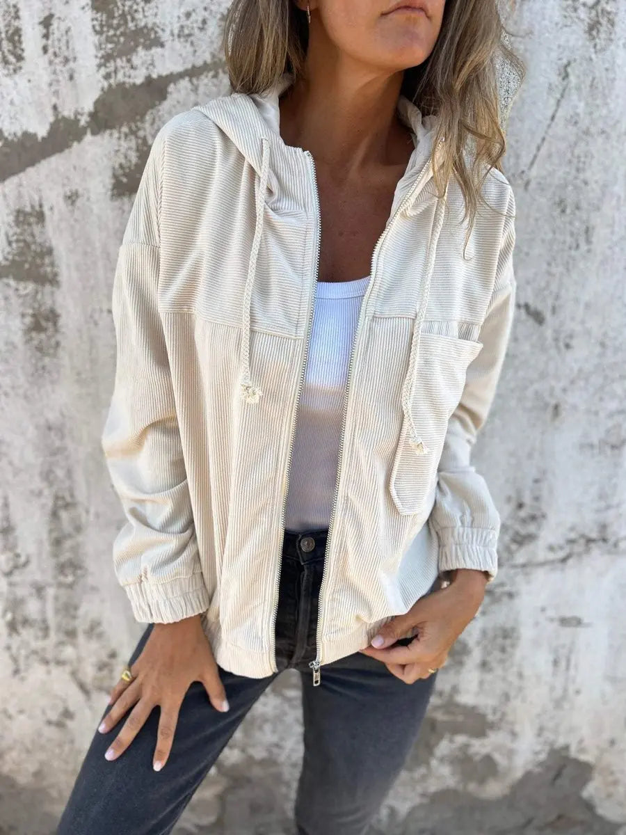 Women's Corduroy Hooded Zip-Up Quilted Jacket Women Oversized Fit - White