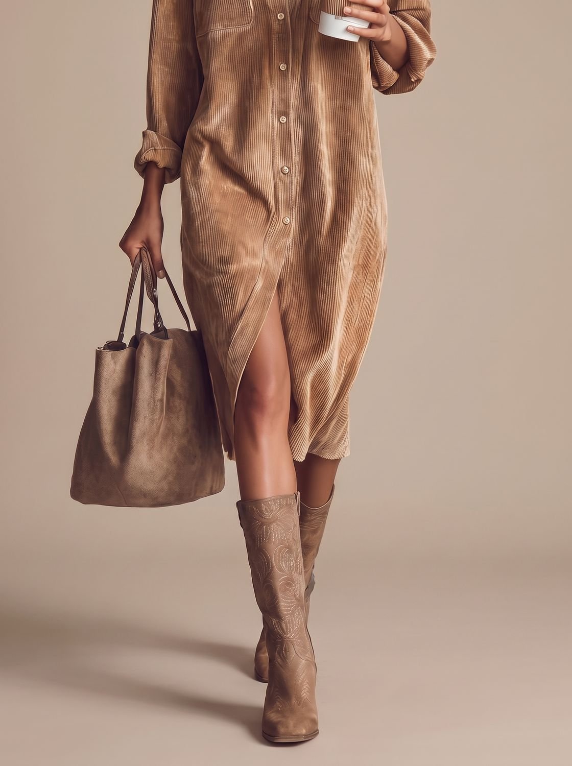 Women's Corduroy Midi Shirt Dress Long Sleeve Straight Cut