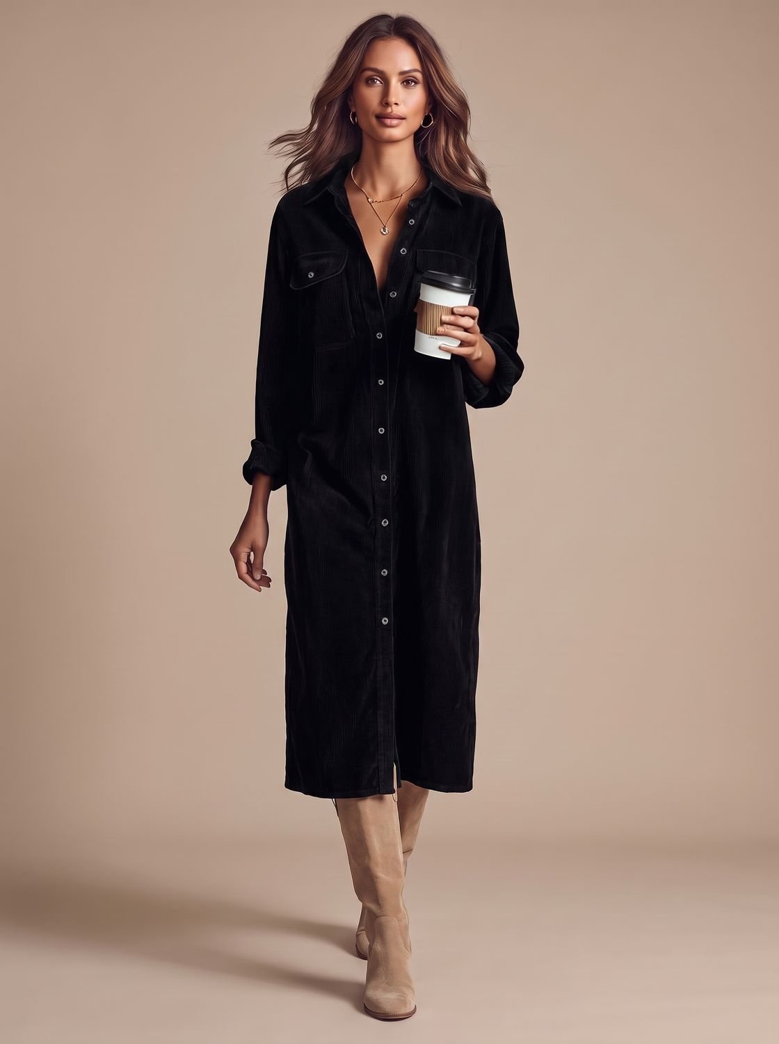 Women's Corduroy Midi Shirt Dress Long Sleeve Straight Cut