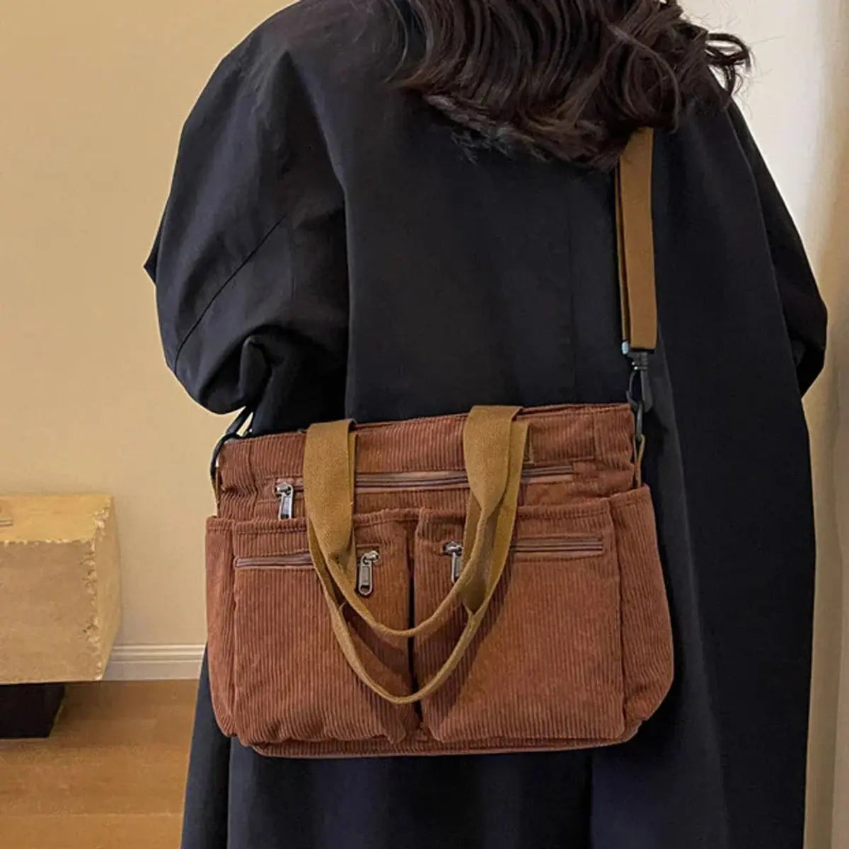 Women's Corduroy Multi-Pocket Shoulder Tote Bag