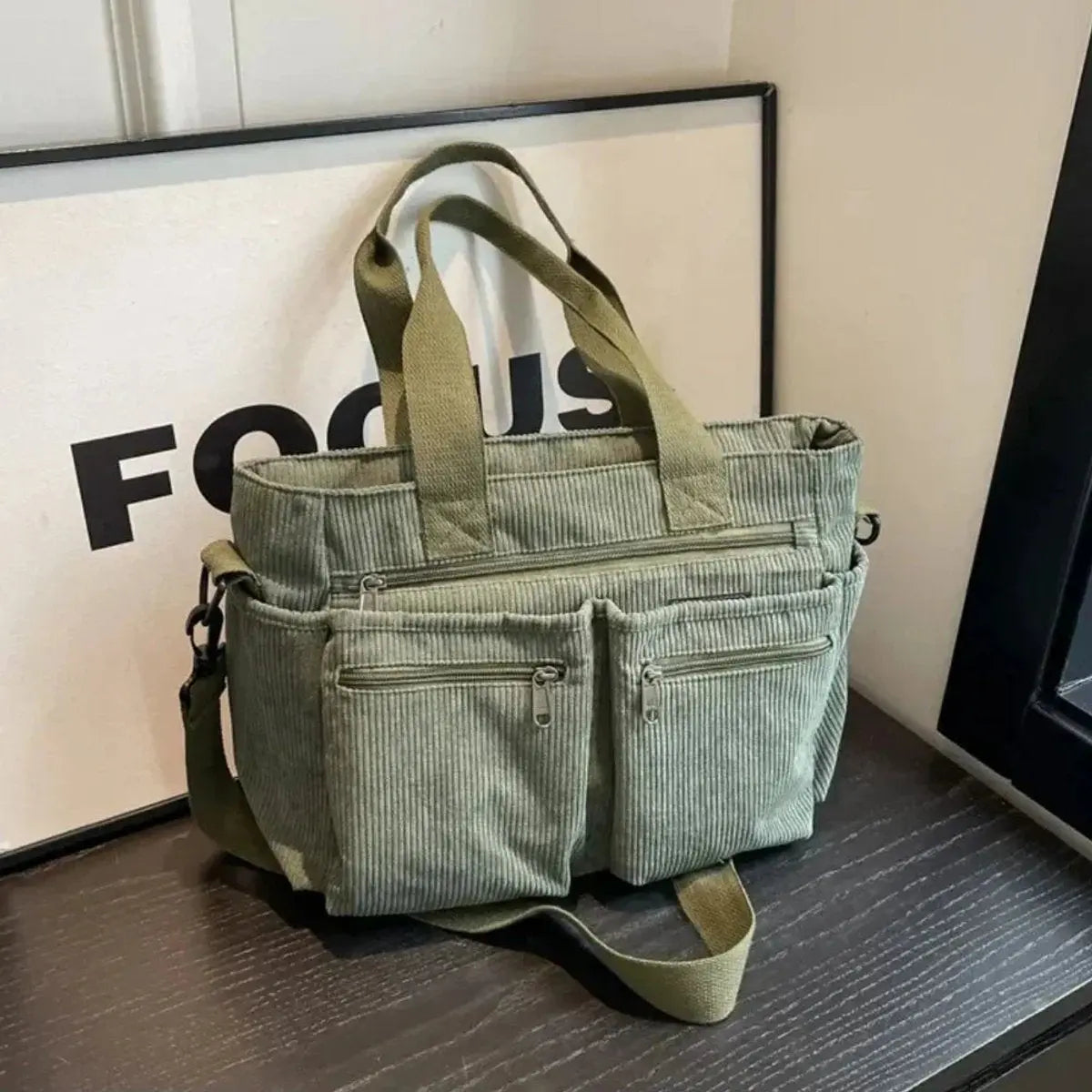 Women's Corduroy Multi-Pocket Shoulder Tote Bag - Green