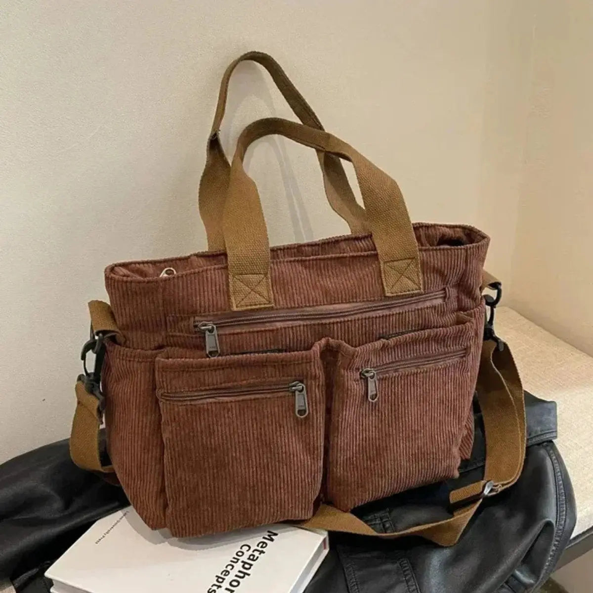 Women's Corduroy Multi-Pocket Shoulder Tote Bag - Brown
