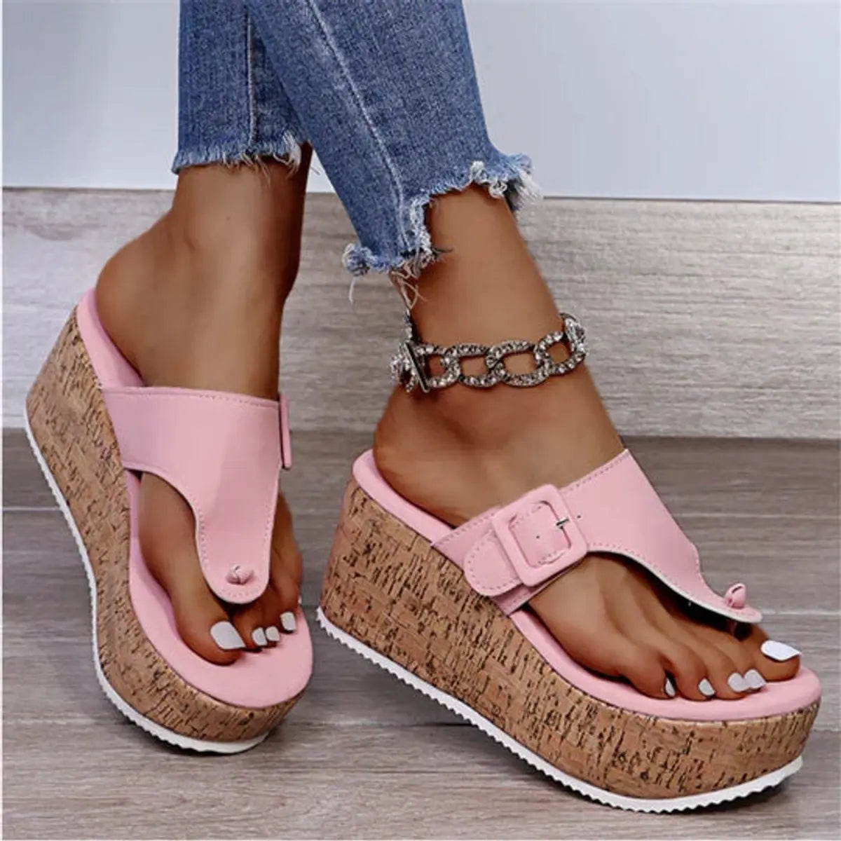 Women's Cork Wedge Platform Comfortable Sandals Thong Flip-Flops - Pink