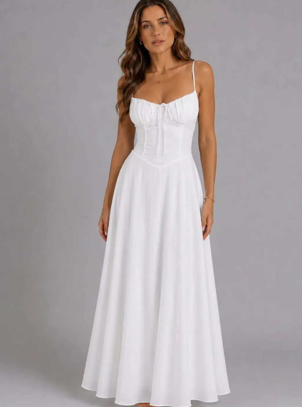 Women's Corset-Bodice Strappy Maxi Sundress Autumn Dress - White