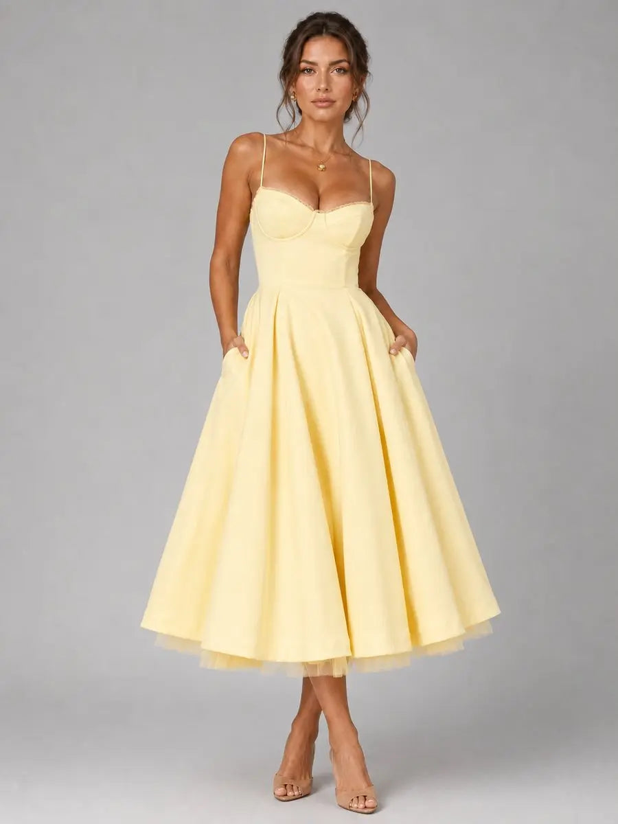 Women's Corset Sweetheart Midi Dress Full Skirt Occasion - Yellow