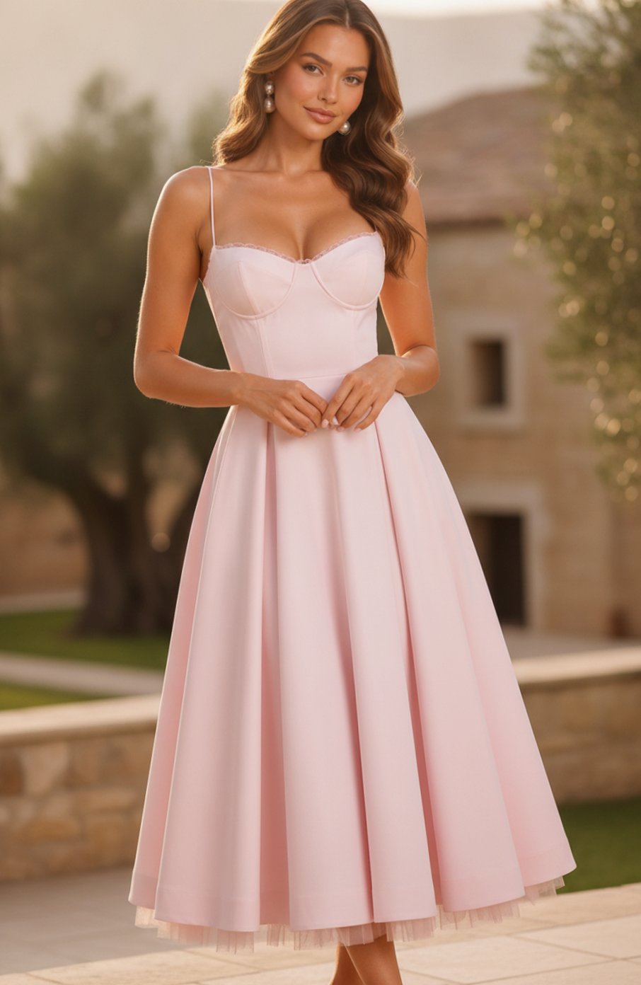Women's Corset Sweetheart Spaghetti Strap Midi Wedding Guest Dress