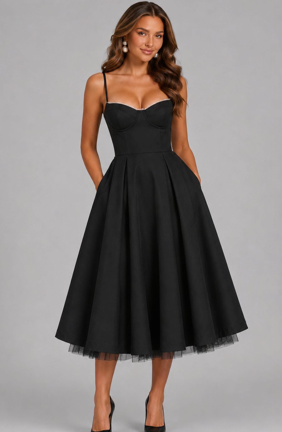 Women's Corset Sweetheart Spaghetti Strap Midi Wedding Guest Dress - Black