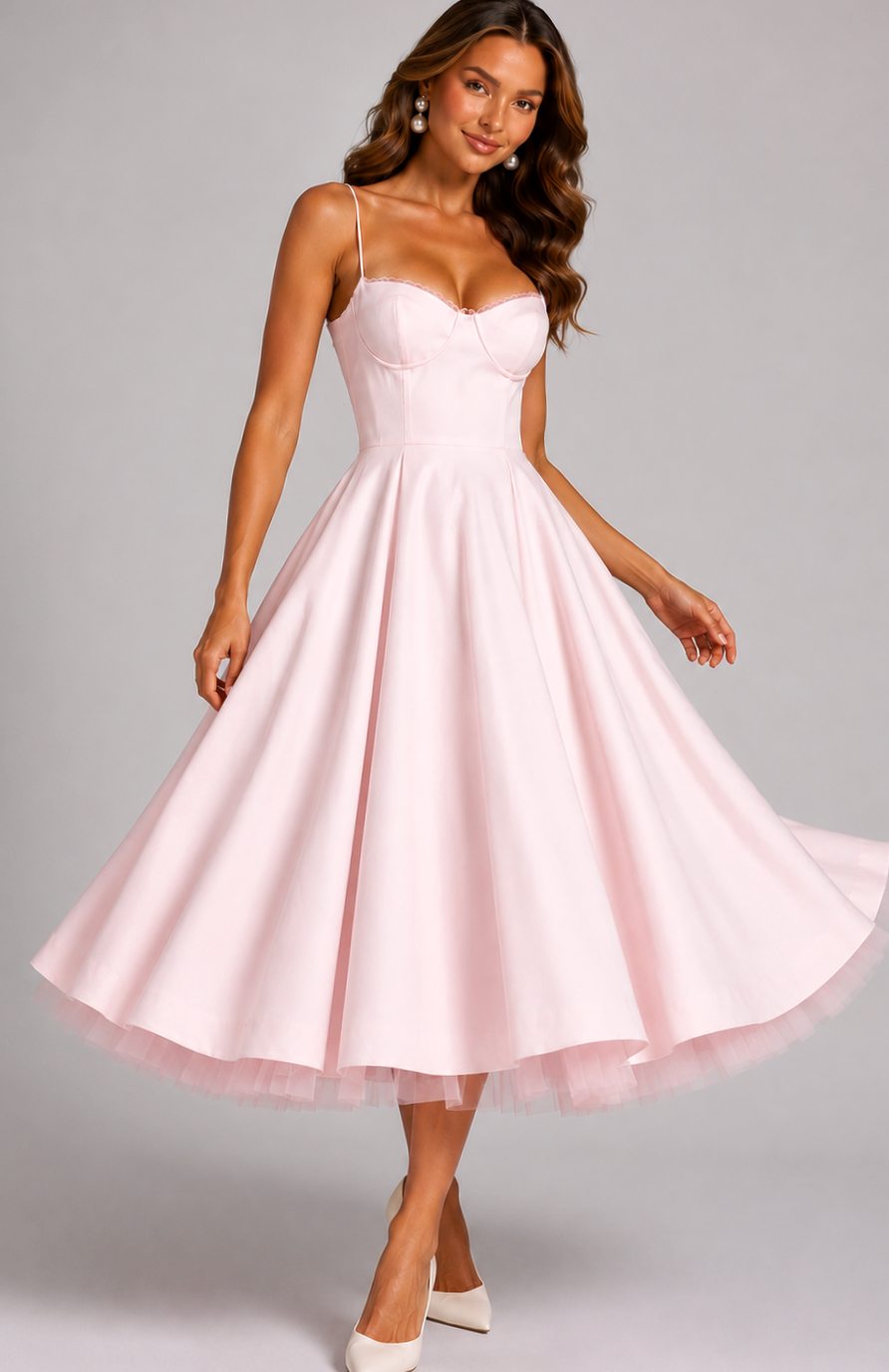 Women's Corset Sweetheart Spaghetti Strap Midi Wedding Guest Dress - Pink