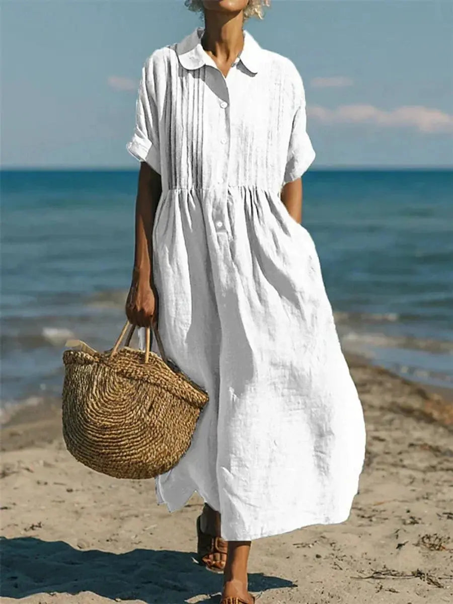 Women's Cotton Button-Front Collared Midi Shirt Dress - White