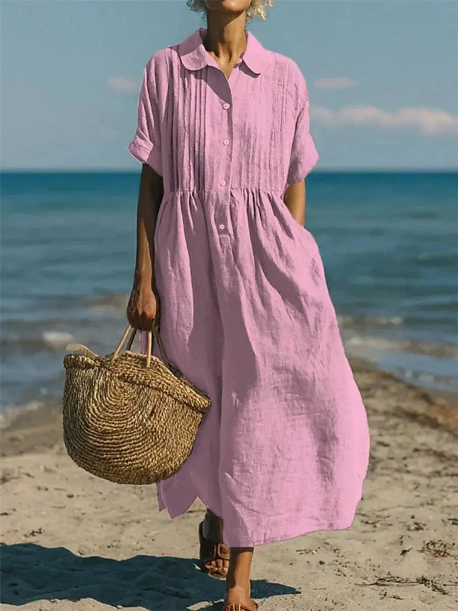 Women's Cotton Button-Front Collared Midi Shirt Dress - Pink