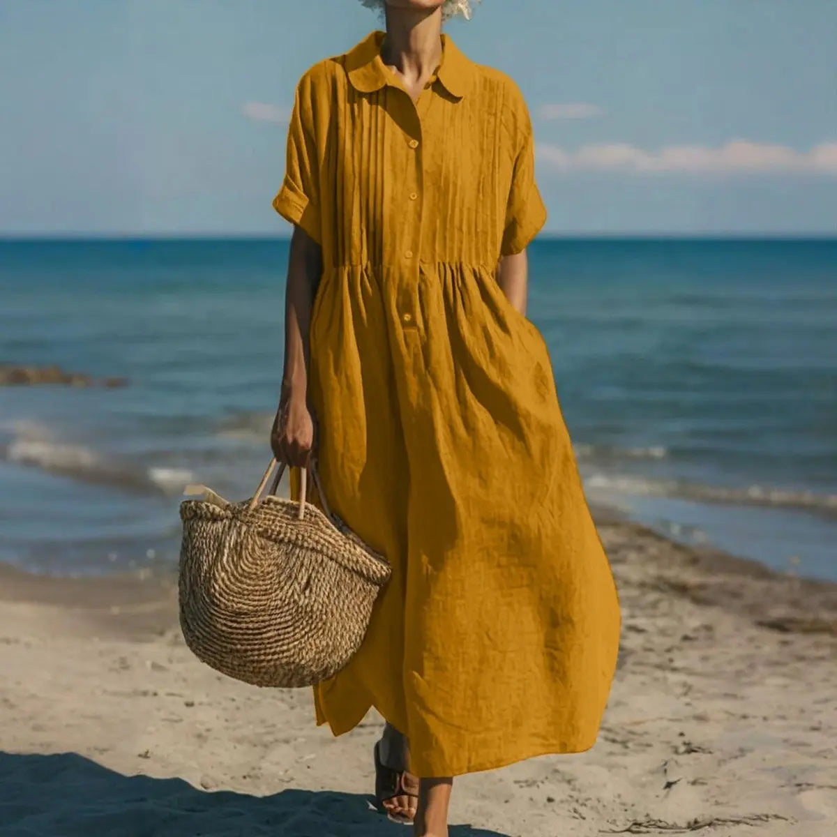 Women's Cotton Button-Front Collared Midi Shirt Dress - Orange