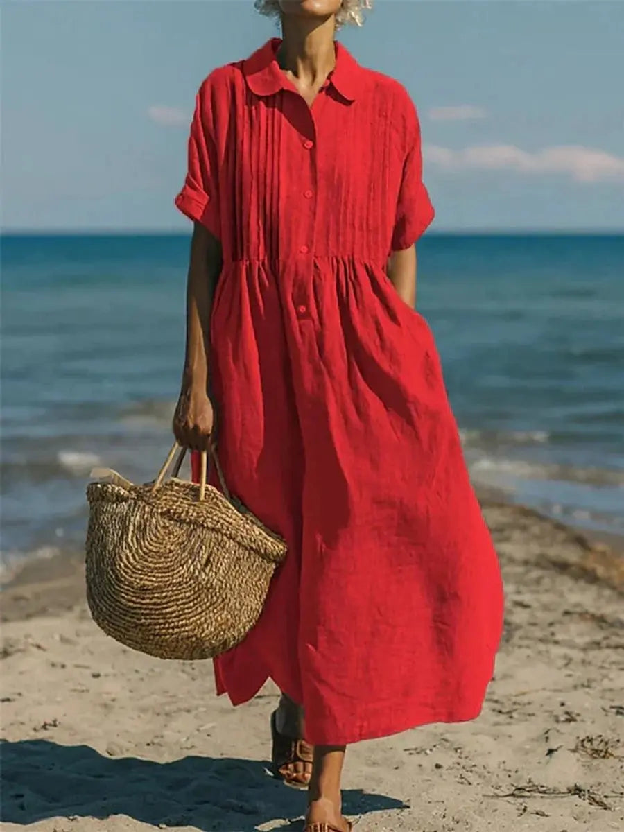 Women's Cotton Button-Front Collared Midi Shirt Dress - Red