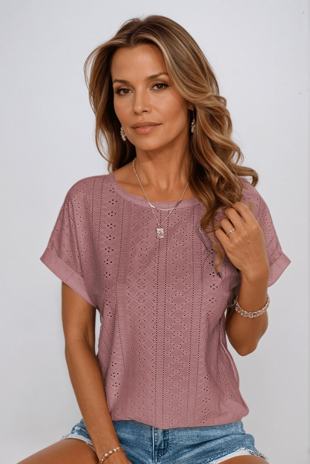 Women's Cotton Eyelet Top Round Neck Short Sleeve - Mauve Pink