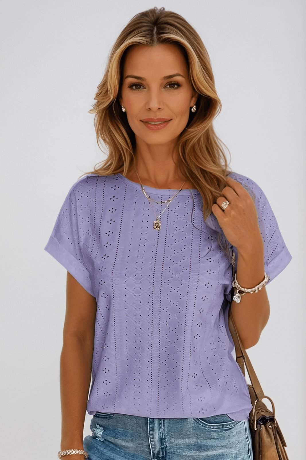 Women's Cotton Eyelet Top Round Neck Short Sleeve - Light Purple