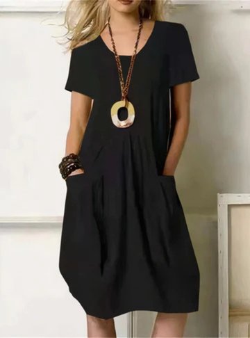 Women's Cotton Midi Dress Gathered Pockets Short Sleeve - Black