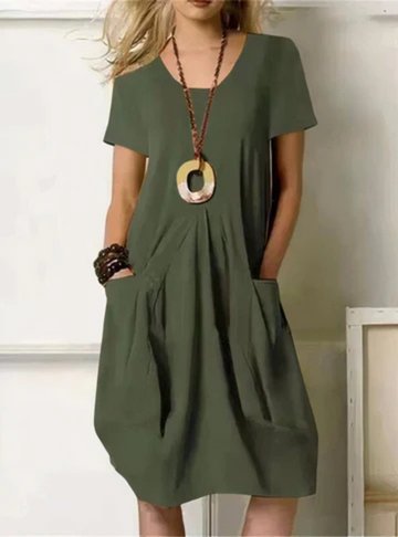 Women's Cotton Midi Dress Gathered Pockets Short Sleeve - Army Green