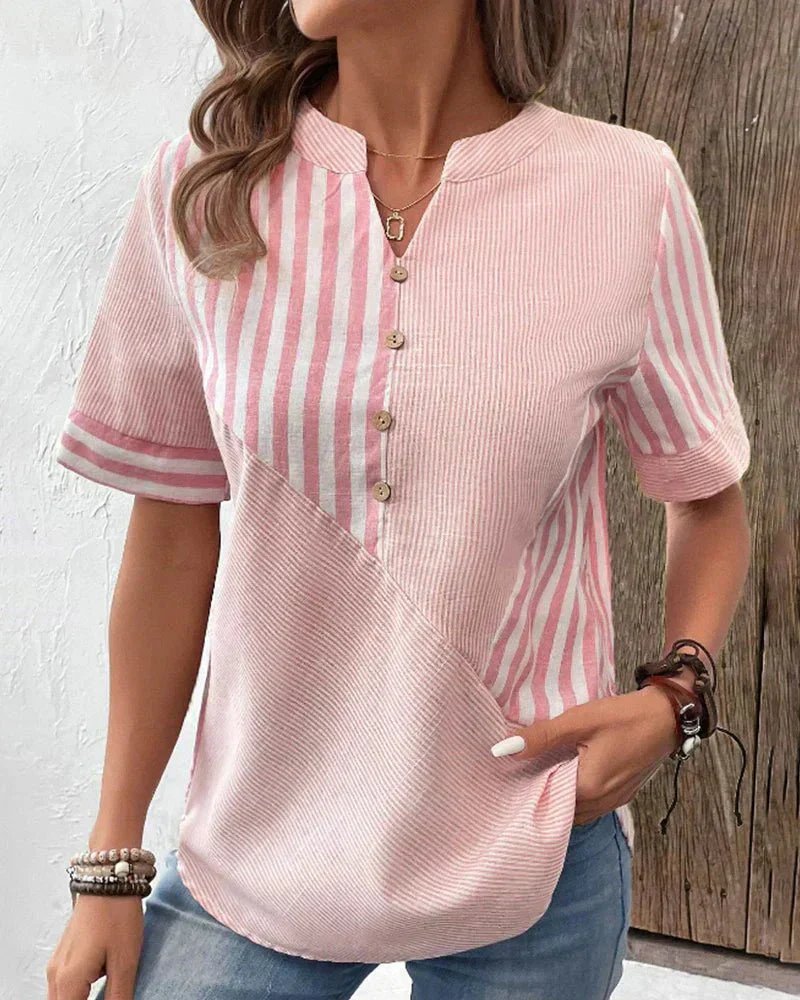 Women's Cotton Striped Blouse Half-Button Diagonal Design - Pink