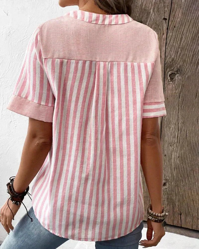 Women's Cotton Striped Blouse Half-Button Diagonal Design