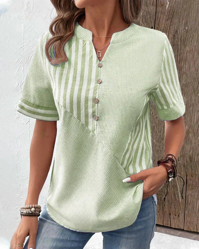 Women's Cotton Striped Blouse Half-Button Diagonal Design - Light Green